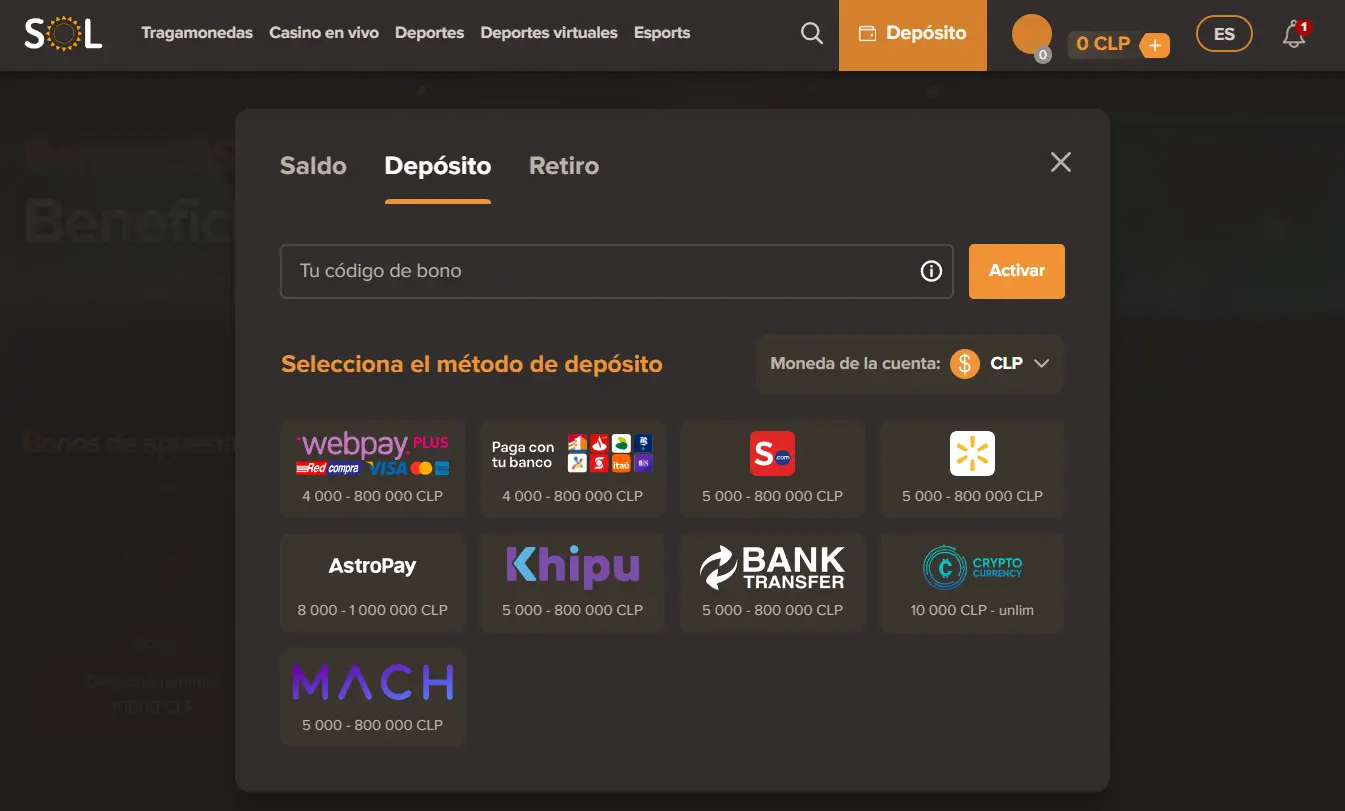 Opciones de depósito y retiro en Sol online casino Opciones de depósito y retiro en Sol casino